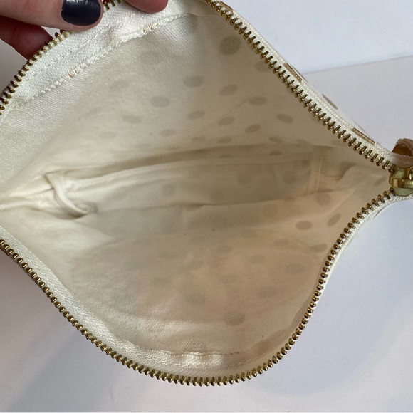 Bow and Drape gold polka dot clutch with donut sequin patch, Like new - Picture 7 of 8